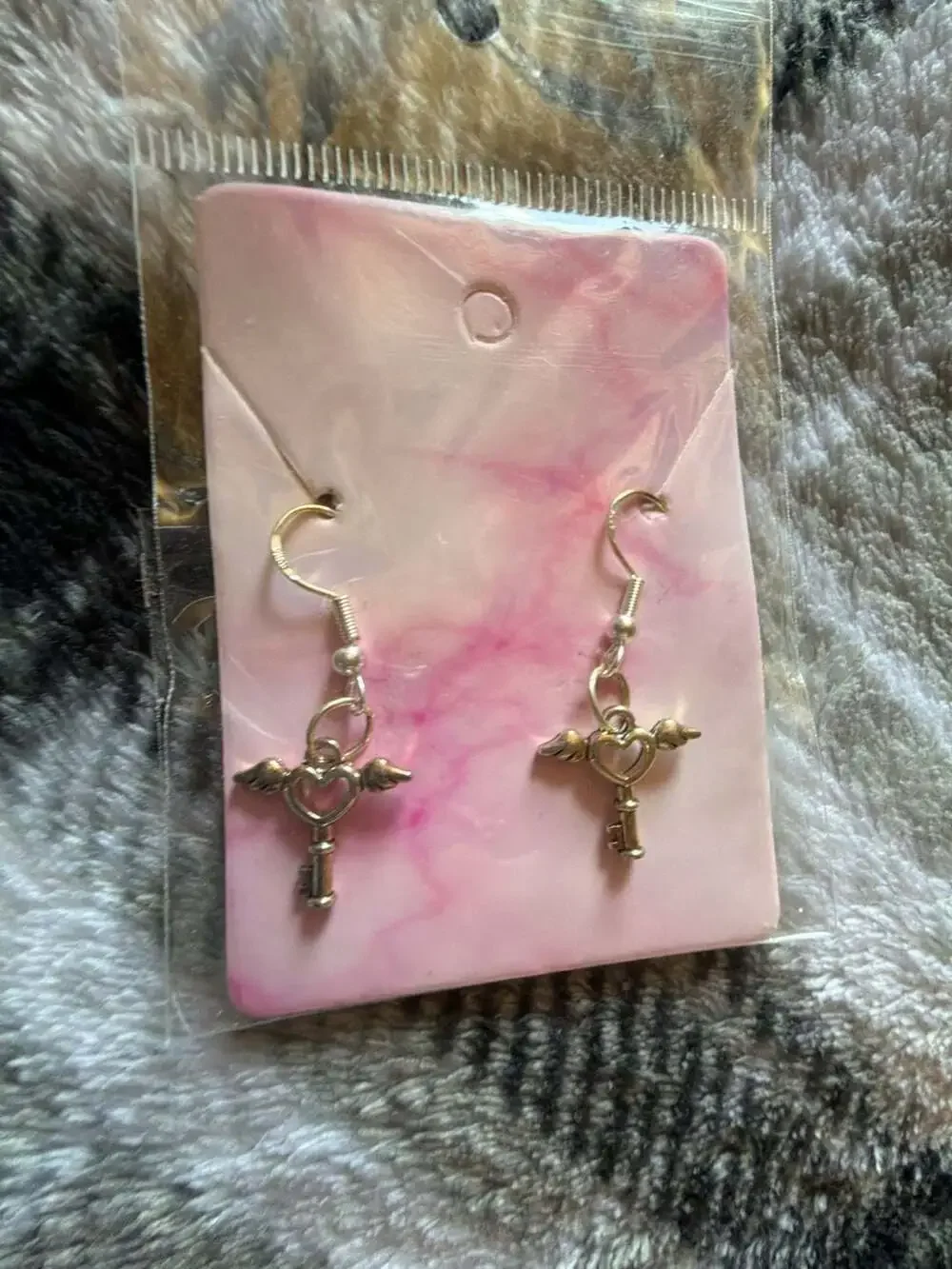 Silver Winged Heart Key Dangle Earrings